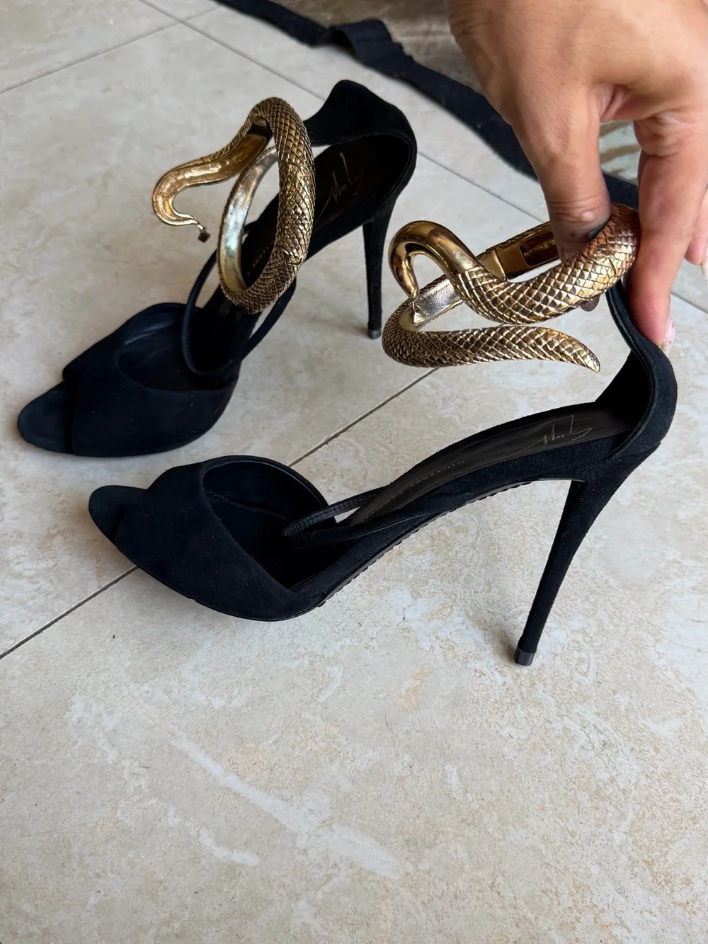 Giuseppe Zanotti Black Suede Heels with Gold Snake Detail sz 39